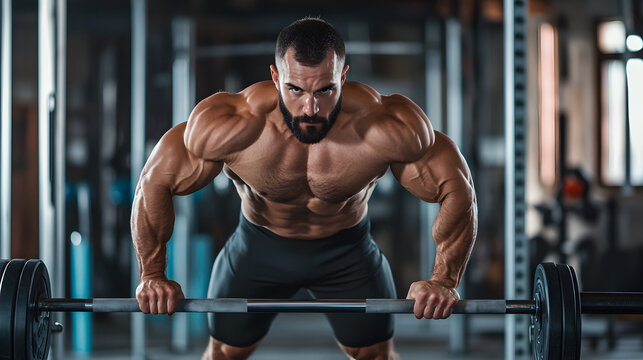 A muscular man doing tricep dips on parallel bars highlighting upper body strength.