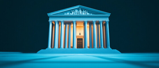 Fototapeta premium A stunning architectural design of a temple with elegant columns, illuminating a welcoming entrance against a dark background.