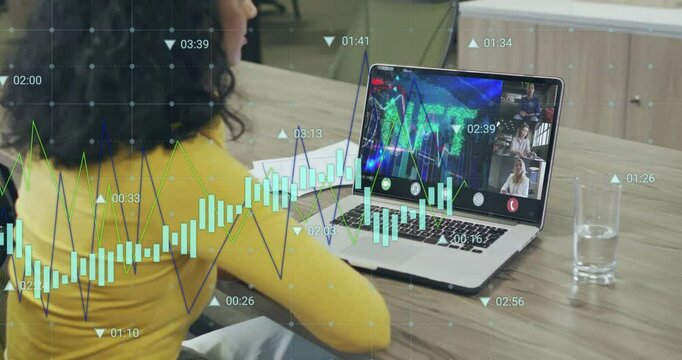 Animation of financial data processing over diverse business people on laptop video call