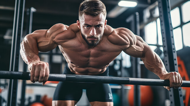 A muscular man performing dips on parallel bars showcasing tricep and chest development.