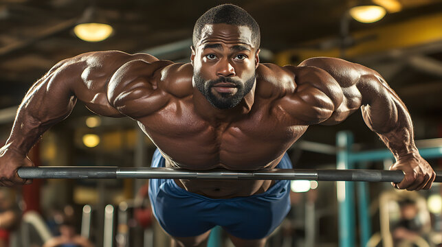 A muscular man performing dips on parallel bars showcasing tricep and chest development.