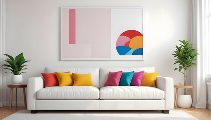 Photo modern style interior room 3d illustration Interior,Kitchen,Washrooms frame living room with colorful white sofa,led with blank frame