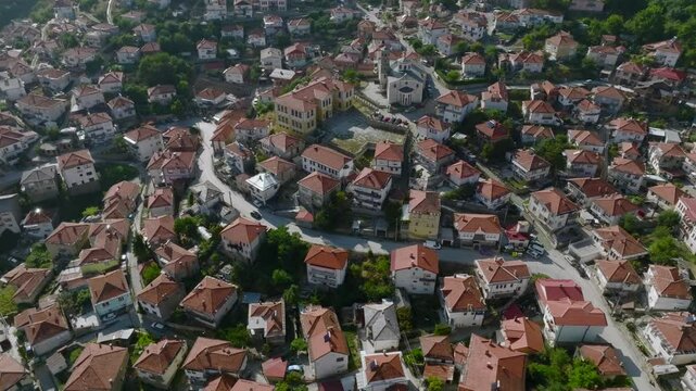 Krushevo, North Macedonia. Aerial drone view over city of Krushevo in Macedonian Mountains, near Ilinden Monument