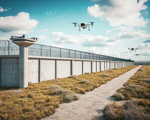 Drones Flying Over Concrete Wall With Razor Wire