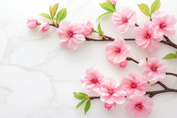 Floral pattern on marble background of apricot or plum blossoms in spring
