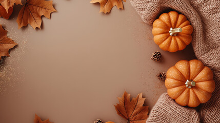 Fototapeta premium autumn leaves, orange pumpkins, knitted fabric on a brown simple background with copy space