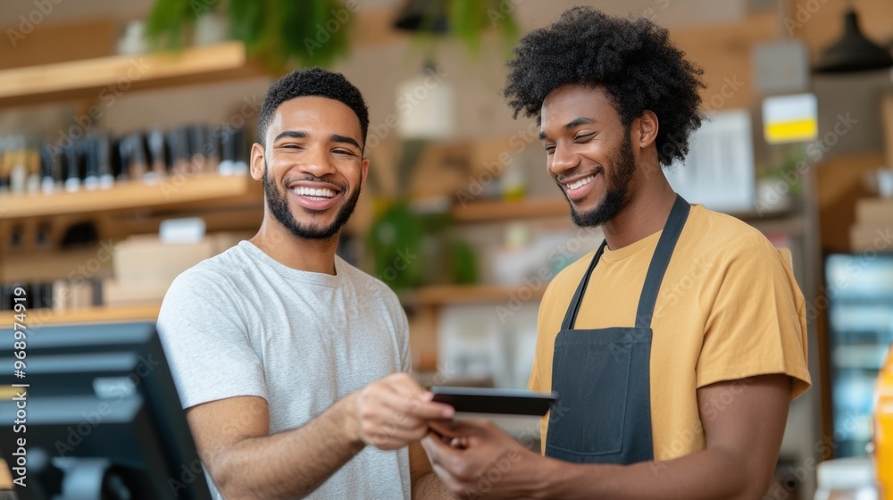 Poster Two men standing in a store with one holding something, AI