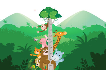 An illustration cartoon animals giraffe, monkey, pig, hippo, dog, tiger meter wall or height chart