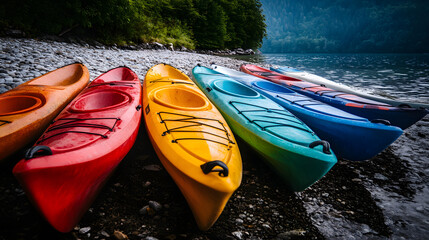 A row of colorful kayaks lined up on the shore ready for adventure.