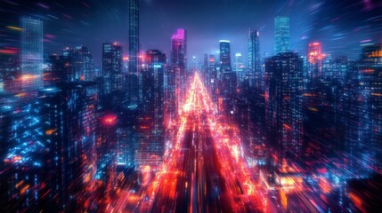 Abstract vibrant city skyline with dynamic lights and energy