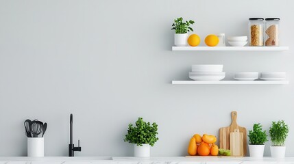 A bright, airy kitchen with minimalist wallpaper featuring hand-drawn, simple fruits in muted tones, white shelving, and marble countertops, Digital Art, Fun yet subtle