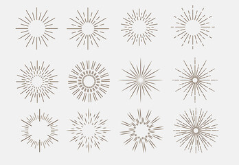Set of round sunburst, line editable sun frame. Radial circle lines. Firework black explosion. Design elements