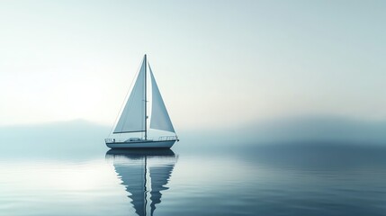 Fototapeta premium A sailboat on a calm body of water, with a soft, hazy sky.