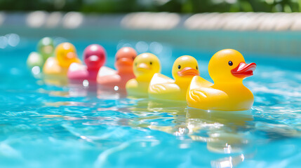 A row of colorful rubber ducks floating in a clear pool of water.