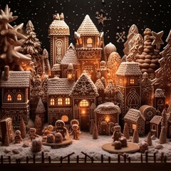 A Stunning Gingerbread Village with Colorful Houses, Iced Trees, and Festive Figurines in Winter