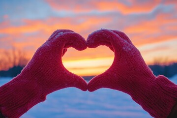 Fototapeta premium Hands in Winter Gloves Forming Heart Shape Against Sunset Sky, Love Concept for Valentine’s Day Celebration in Snowy Landscape