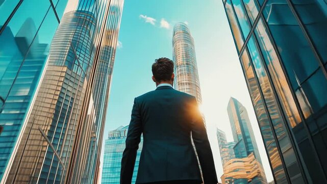 man in suit walking through city, large business centers, businessman on street, person walking in the city