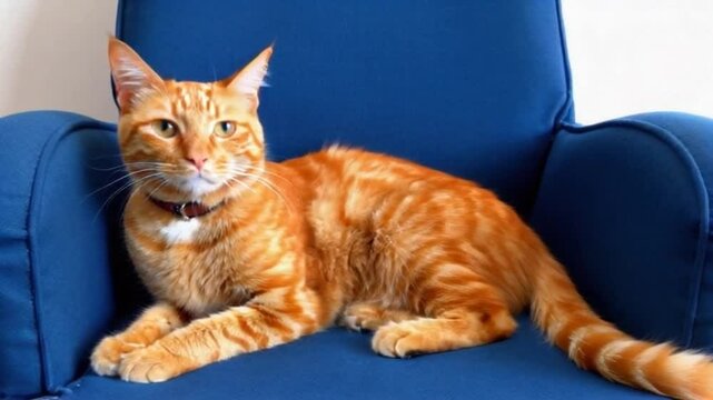 Red cat lies in a blue chair