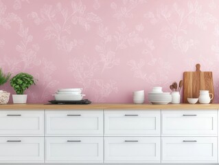 A minimalist kitchen with a feature wall covered in soft pink wallpaper with delicate, repeating leaf patterns, surrounded by white cabinets, 3D rendering, Soft modern