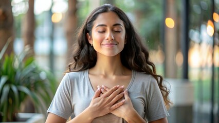 Happy calm young Hispanic woman holding hands on chest meditating doing yoga breathing exercises with eyes closed feeling gratitude, mental balance standing in green nature tropical park.