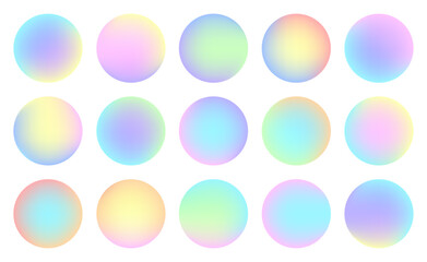 Set of Holographic Gradient Circles. Watercolor gradients set. Colorful circle iridescent backgrounds. Futuristic trendy dynamic elements. Iridescent holographic circles.Holo gradient mesh backgrounds