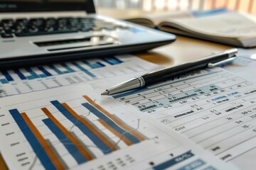Business Charts and Financial Analysis with Pen and Laptop on Desk