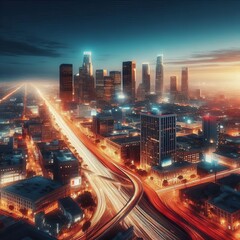 Obraz premium A stunning aerial view captures a bustling cityscape at dusk, with skyscrapers illuminated against the evening sky and dynamic light trails from traffic, showcasing urban energy and vibrant city life