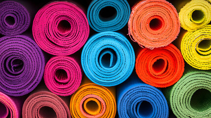 A series of colorful yoga mats rolled up and stacked neatly.