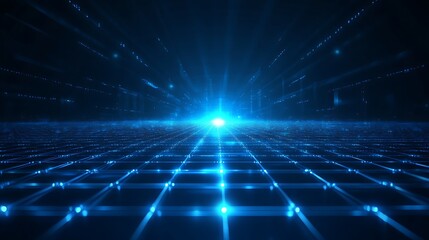 Obraz premium A captivating blue light emanates from a grid pattern, creating a futuristic digital landscape filled with glowing particles.