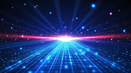 Obraz premium A captivating burst of light with blue and red rays, creating a mesmerizing cosmic atmosphere filled with stars.