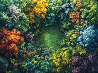 Aerial view of a vibrant colorful forest clearing with diverse trees and lush greenery, capturing the beauty of nature's diversity.