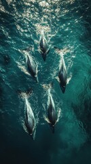 Fototapeta premium An aerial view of a pod of dolphins swimming gracefully in the clear blue ocean, creating a mesmerizing pattern as they glide through the water.