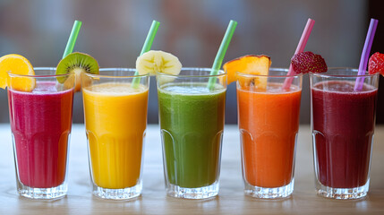 A set of colorful fruit smoothies in transparent glasses each with a matching straw.