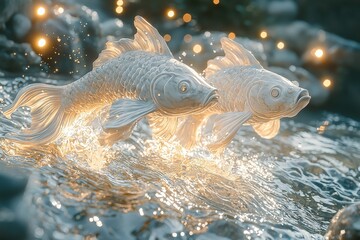 Fototapeta premium Vibrant white koi fish swimming in water with bokeh lights