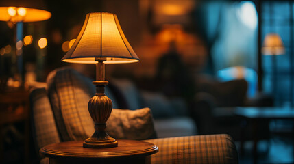 A cozy living room scene featuring a vintage lamp on a wooden side table, with soft lighting creating a warm atmosphere. In the background, blurred furniture and ambient light add to the inviting feel