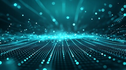 A captivating digital landscape showcasing teal particles and light waves, creating a sense of depth and motion in technology.