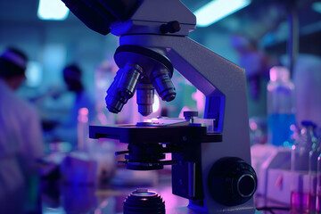 A close-up of a microscope in a laboratory setting, illuminated with colorful lighting. The background shows blurred lab equipment and researchers in white coats, creating a scientific atmosphere.