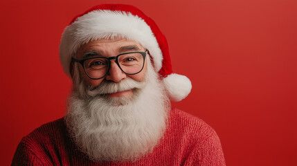 Naklejka premium A cheerful Santa Claus with glasses and a warm smile, set against a solid red background. A blend of traditional and modern, perfect for holiday greetings, festive designs, and cheerful digital illust