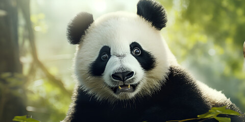 Obraz premium giant panda eating bamboo, Autumnal road in the forest with yellow leaves and sun rays Autumn forest scenery with road of fall leaves warm light illumining the gold foliage AI Generated 