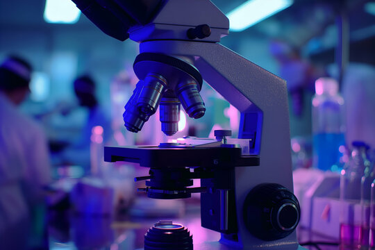 A close-up of a microscope in a laboratory setting, illuminated with colorful lighting. The background shows blurred lab equipment and researchers in white coats, creating a scientific atmosphere.