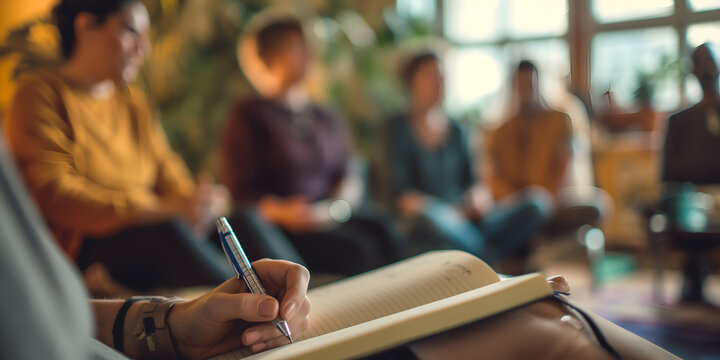 A close-up of a person's hand writing in a notebook, with a group of people blurred in the background. The setting appears to be a cozy, informal gathering, possibly a workshop or support group.