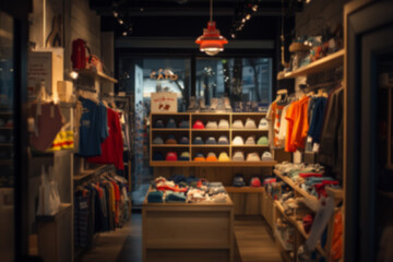 Blurred background of a kid's clothing store, showcasing shelves and displays of children's apparel in a retail setting.