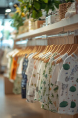 Blurred background of a kid's clothing store, showcasing shelves and displays of children's apparel in a retail setting.