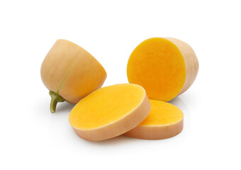 Pumpkin or butternut squash slices and halves isolated on white background