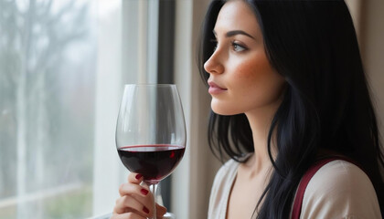 Melancholy woman drinking red wine