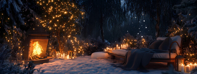 Obraz premium Winter Night with Fireplace and Lights