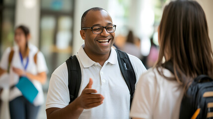 A teacher congratulating a student for reaching a significant academic milestone.