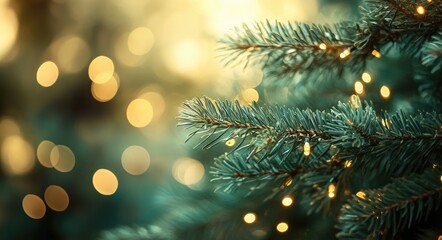 Green Pine Tree Branches with Bokeh Lights and Blurred Background, Green and Yellow Color Scheme, Soft Focus with Natural Lighting