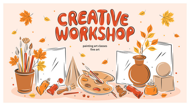 Creative workshop. Workplace, drawing on canvas, artistic stuff with autumn leaves. Poster design for painting education. Painters stationery. Vector illustration