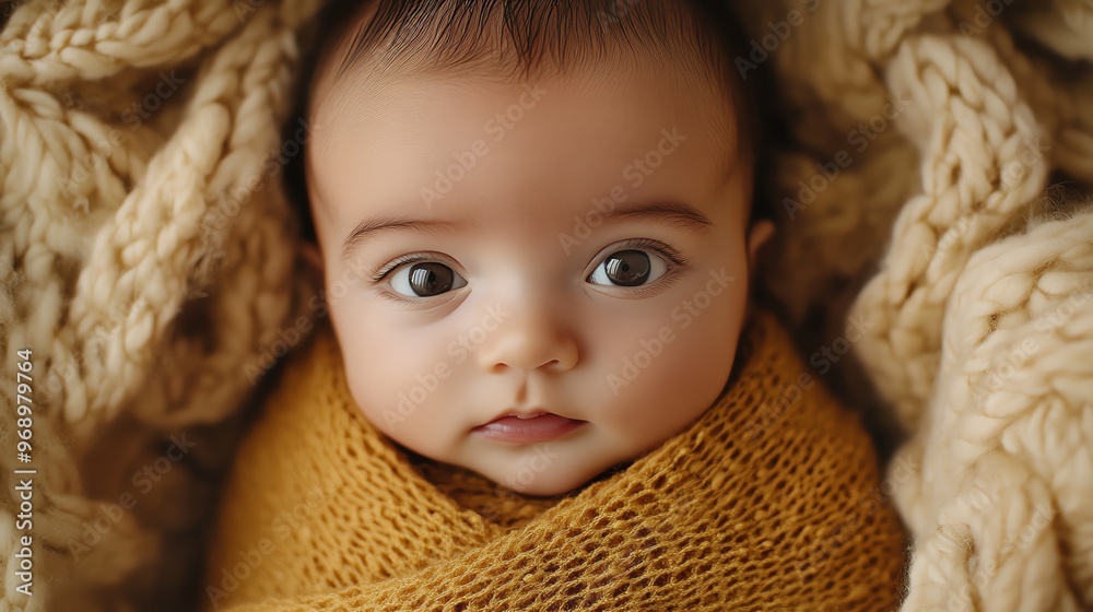 Sticker A baby sleeps soundly in a knitted blanket.